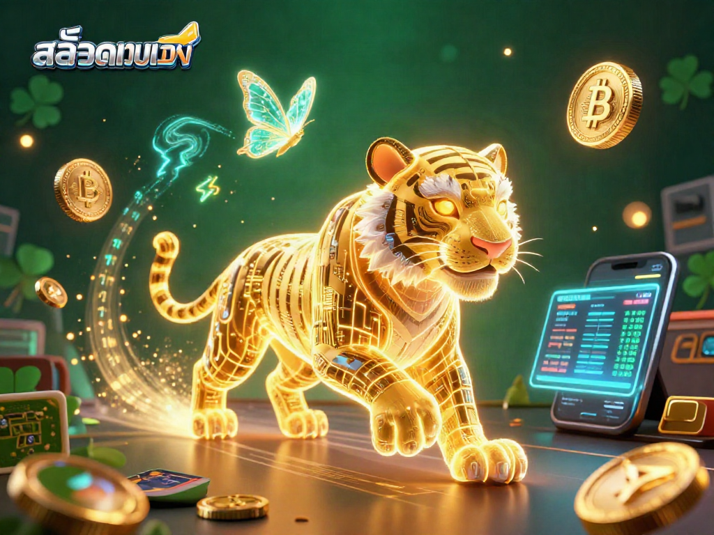 Engage with สล็อตเว็บตรง for exciting casino adventures featuring a neon tiger and digital elements.