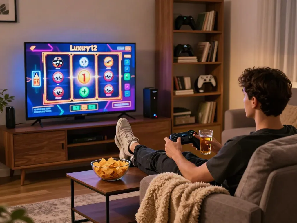 Experience luxury12 slot gaming in a cozy living room setup with snacks and a vibrant screen.