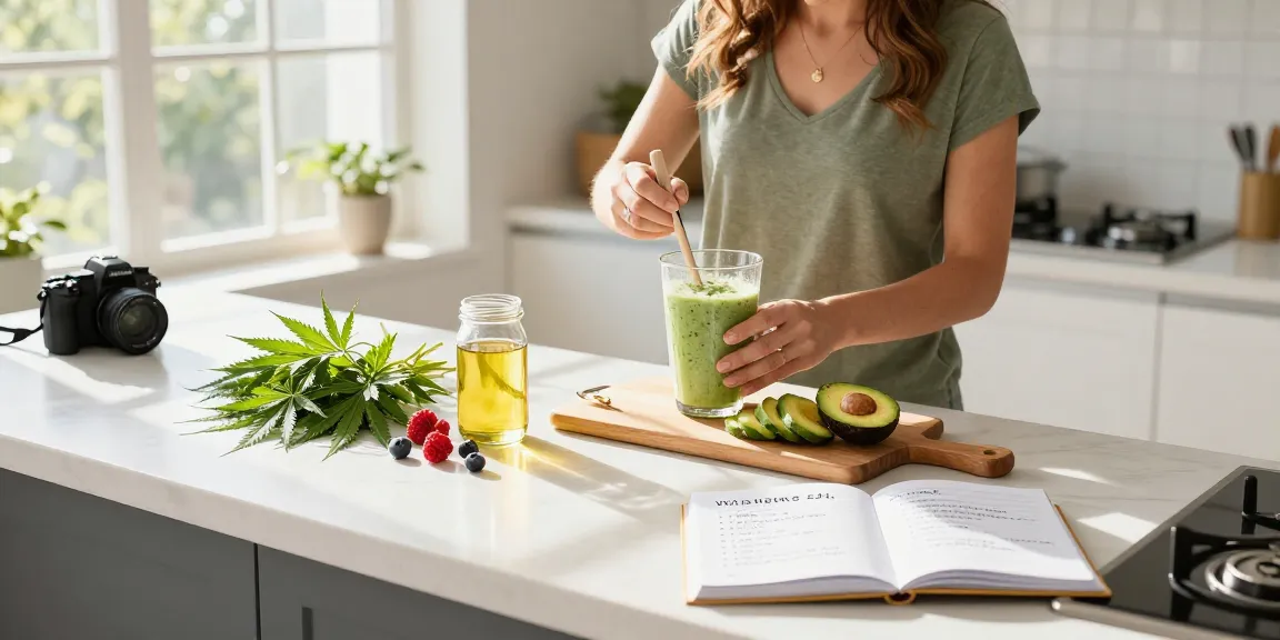 Properloud CBD oil and fresh hemp leaves in a serene wellness kitchen setting.