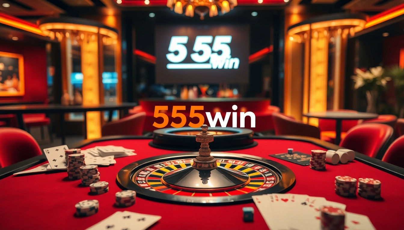 Engage with the excitement of 555win at a high-stakes casino table, filled with poker chips and cards.