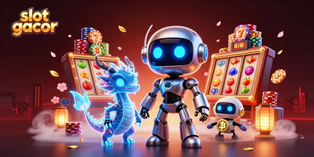 Engage in slot gacor action with a futuristic robot and a vibrant casino scene.