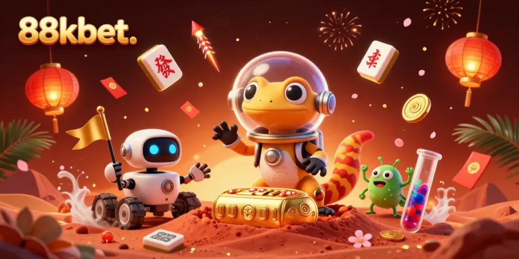 Engaging illustration of 88kbet. Martian gecko discovering a golden casino amidst joyful alien bacteria and festive elements.
