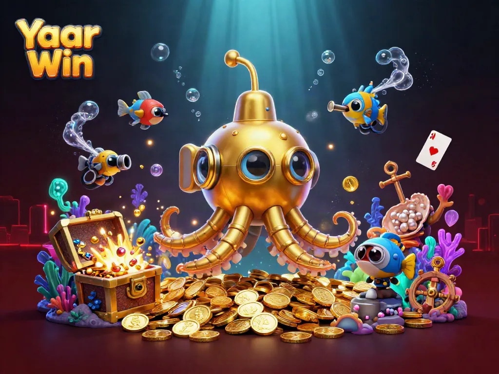 Experience thrilling gameplay with Yaar Win, featuring a dynamic kraken submarine and vibrant game elements.