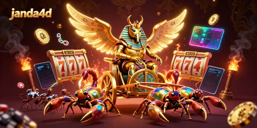 Janda4D menghadirkan permainan slot dengan jackpot besar, dikelilingi oleh simbol permainan kasino.
