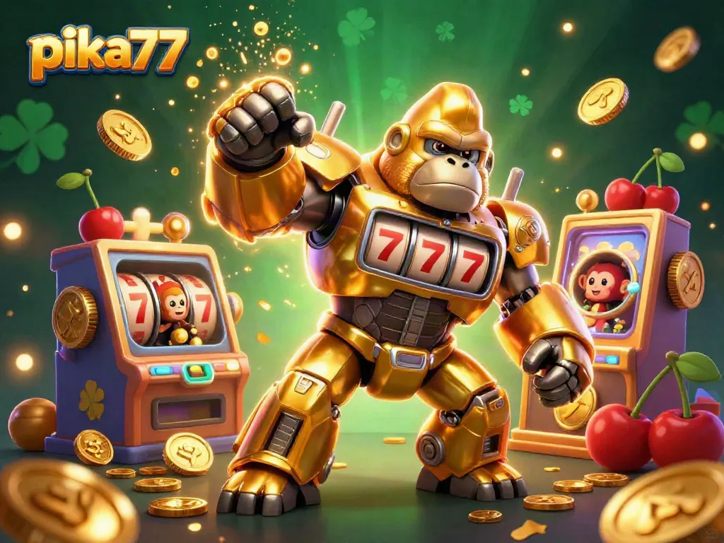 Pika77's golden gorilla mech, adorned with slot machine parts, bursts with coins and excitement in this lively online casino scene.
