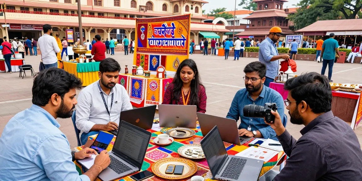 Journalists discussing latest news from https://www.theindaily.com in a vibrant Indian public square.