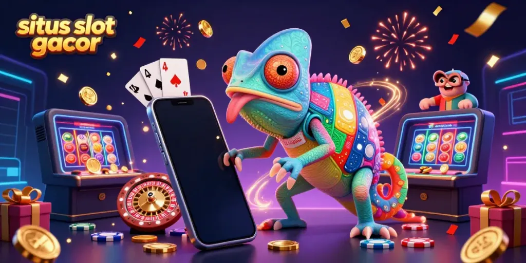 Situs slot gacor memikat dengan karakter chameleon kasino dan permainan slot menarik.