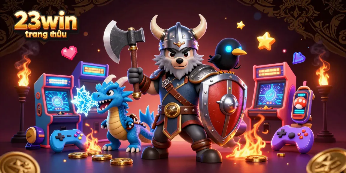 Experience vibrant gaming at 23win trang chủ with Viking warriors, dragons, and colorful arcade elements.