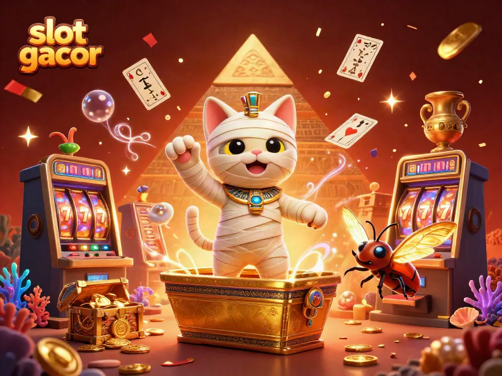 Menangkan game slot gacor di dunia kasino dengan karakter mumi dan simbol keberuntungan yang berkilau.