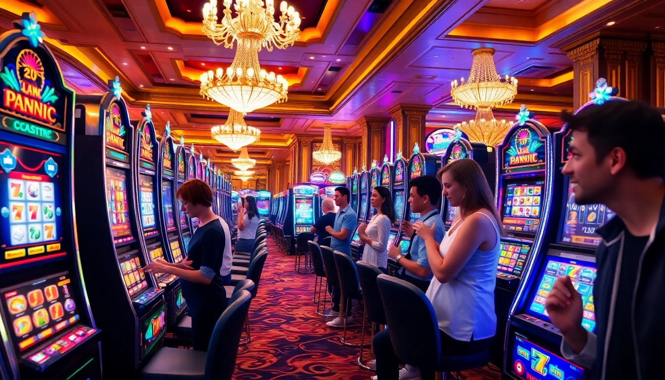 Engaged players enjoying a thrilling demo slot pragmatic experience on vibrant machines in a luxurious casino.