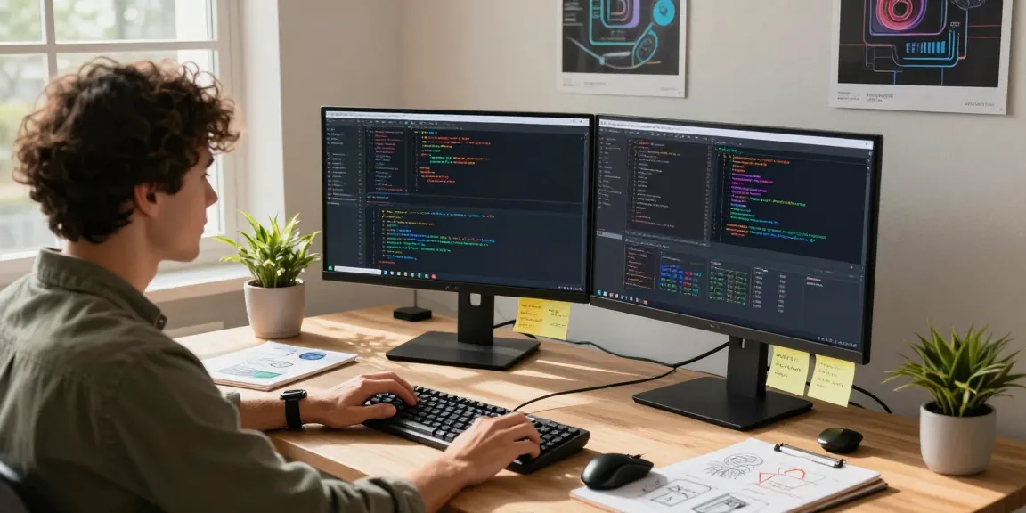Dynamic software development workspace with snipaste官网 featuring dual monitors, coding tools, and a warm atmosphere.