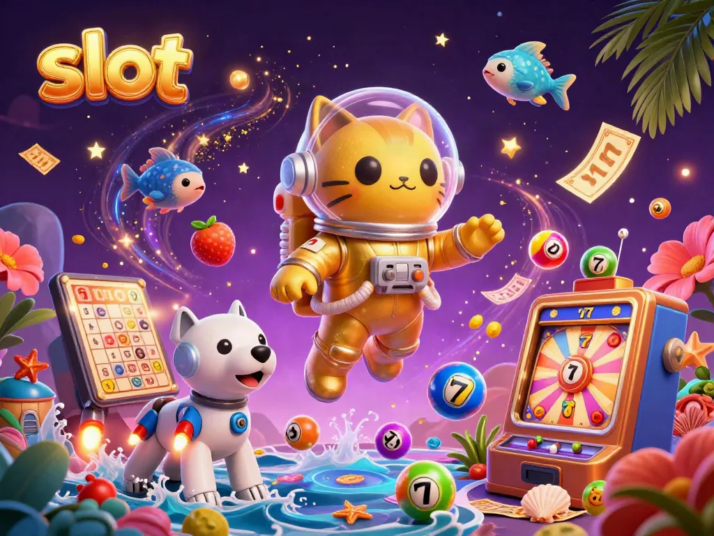 Slot mesin yang menampilkan karakter kucing astronot dan robot anjing dalam suasana permainan.