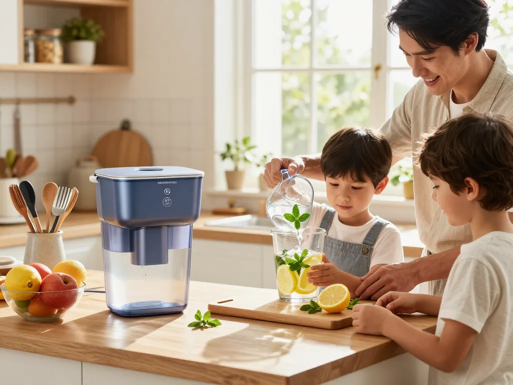 Family preparing a refreshing drink with the Waterdrop Plus WDP-F19C Replacement for GE® RPWFE® filter in a bright kitchen.
