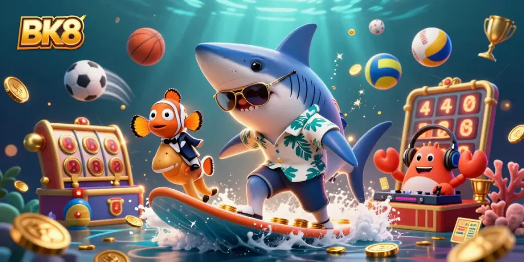 Engage with exciting BK8 gaming elements, featuring a shark surfing coins, illustrating dynamic gambling action.