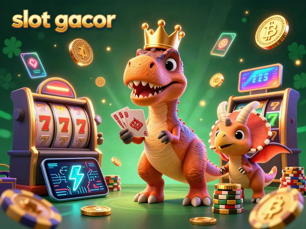 Engage in slot gacor action with a fun T-Rex and friends at a dynamic casino, featuring vibrant gaming elements.