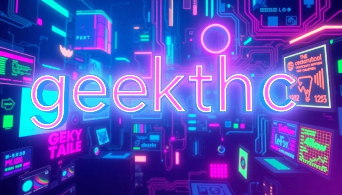 Interactive neon sign representing geekthc in a vibrant digital environment.