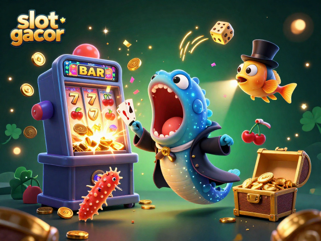 Play slot gacor with a vibrant 3D illustration featuring winning characters and jackpot symbols.