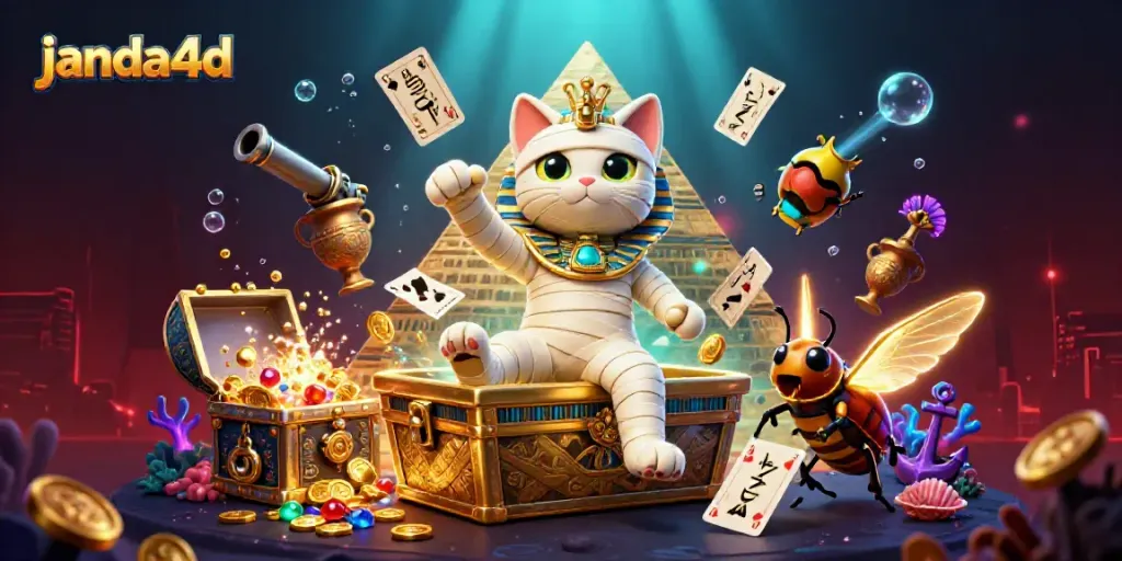 Cat mummy 3D janda4d yang menarik dalam kasino, menampilkan efek cahaya bioluminesensi dan permainan kartu.