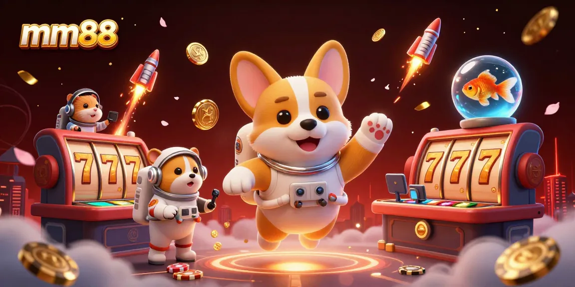 Experience jackpot thrills at mm88 with a floating corgi and dazzling casino elements.