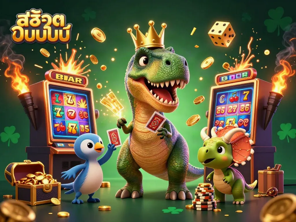 สนุกกับสล็อตออนไลน์ ผ่านภาพวาดการ์ตูน 3D ที่มี T-Rex และผู้ช่วยในคาสิโน