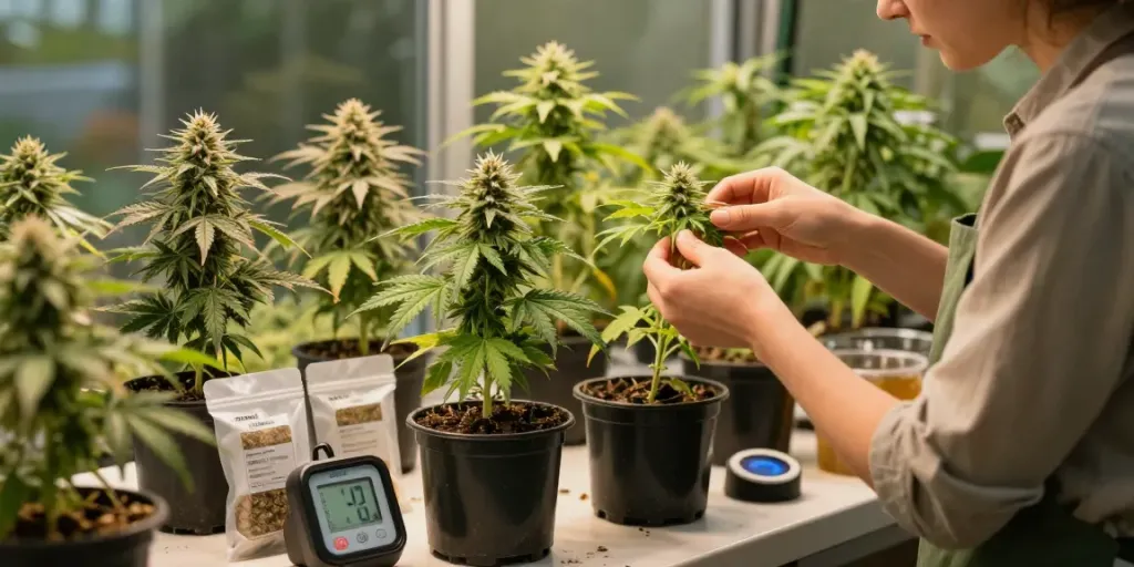 Grower examining feminized seeds in a vibrant indoor garden, focusing on young cannabis plants.