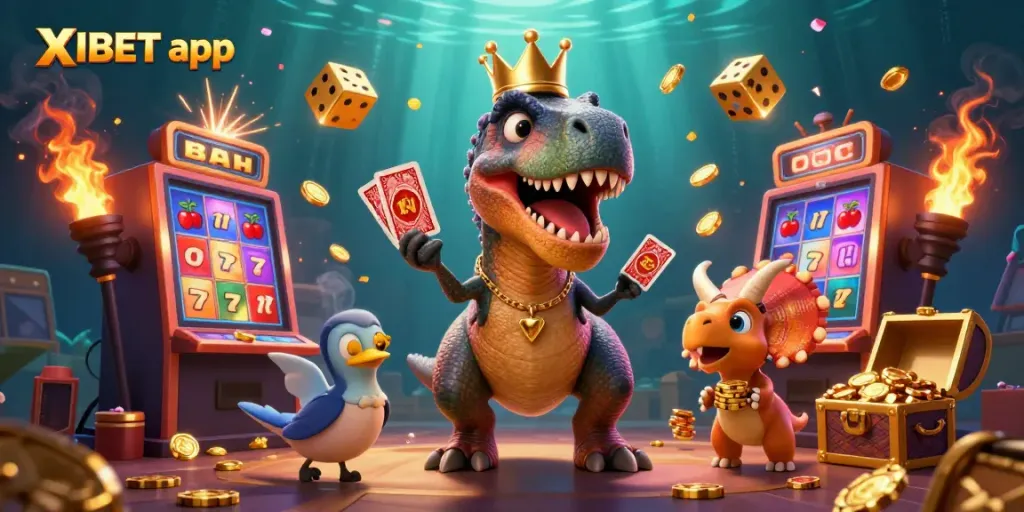 Experience thrilling gaming with the XIBET app amid colorful casino elements and friendly characters.