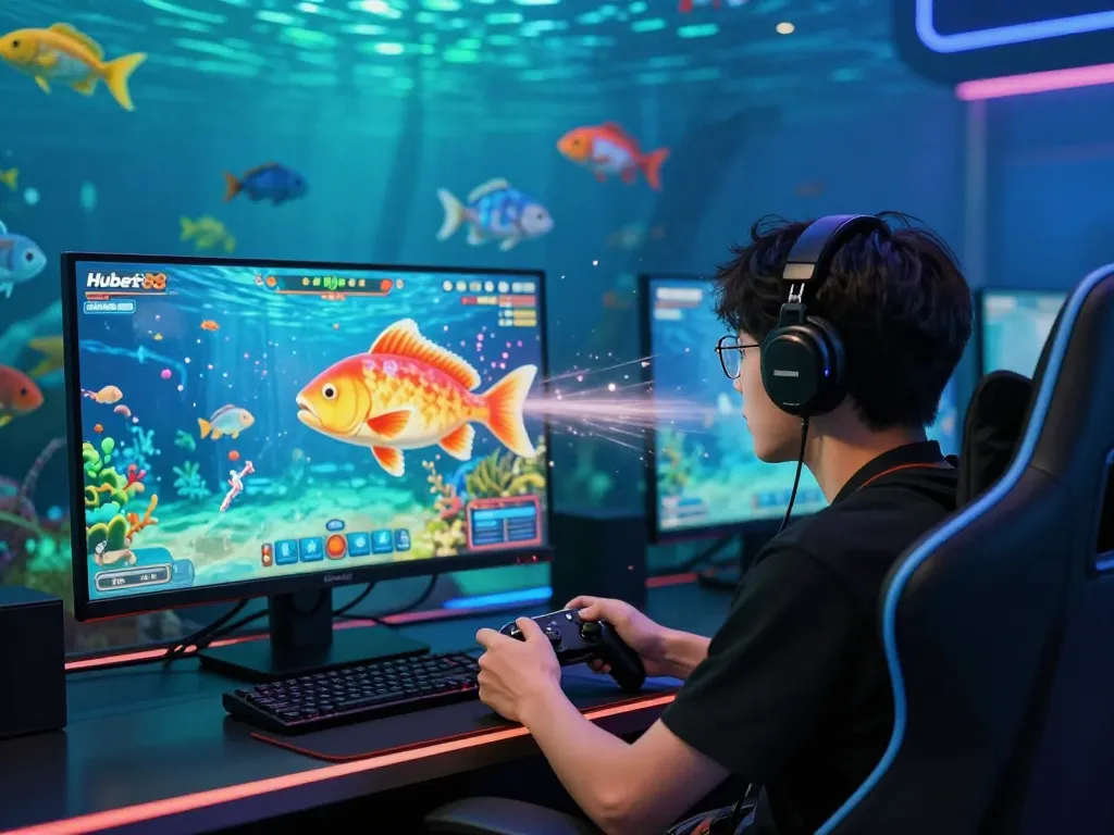 TIN TỨC hubet88 gaming scene with player shooting colorful fish in an immersive online game.