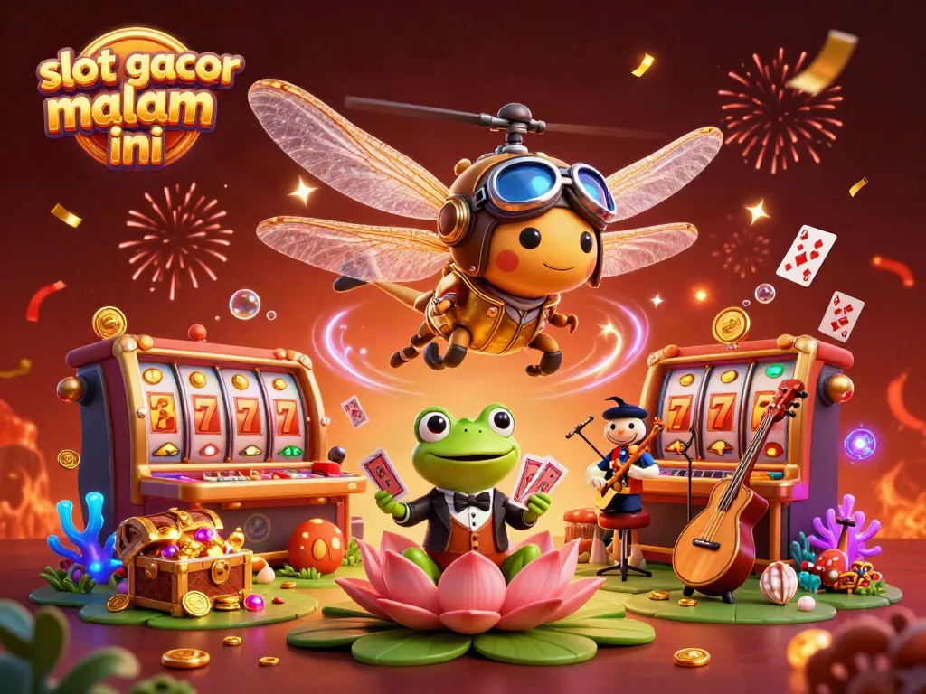 Memperlihatkan slot gacor malam ini dengan karakter pesawat helikopter dan dealer kartu di kasino daun teratai.