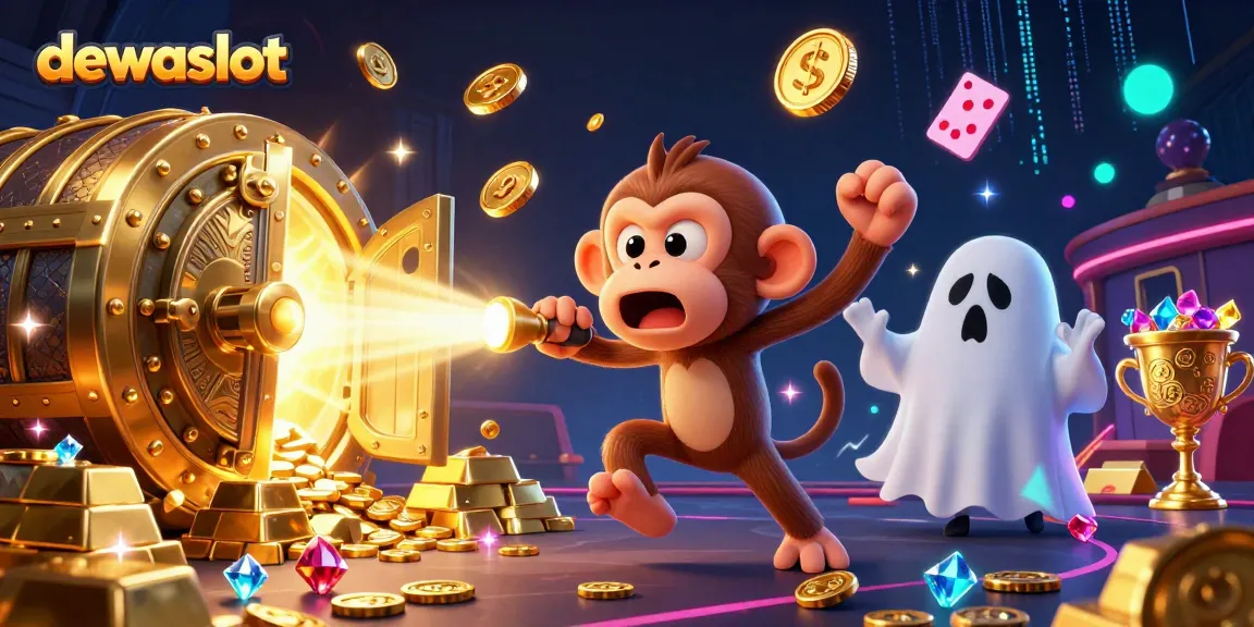 Dewa slot mendemonstrasikan permainan kasino yang seru dengan elemen berkilau dan barang-barang berharga yang berserakan.
