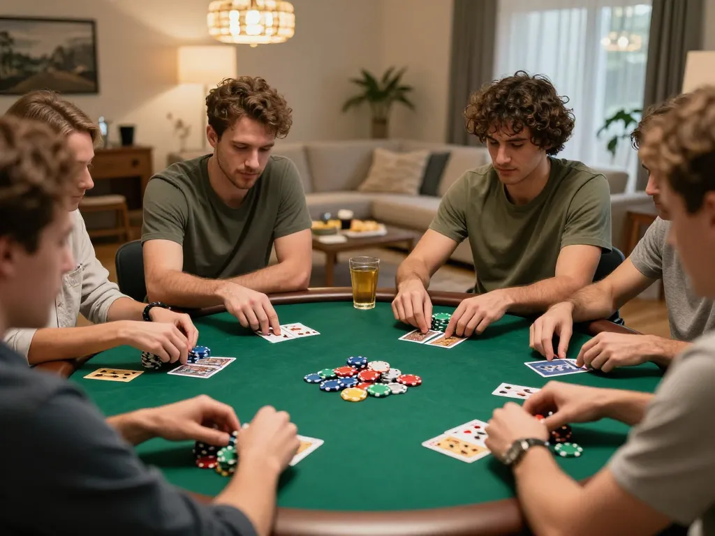 Friends enjoying a go8 poker night with strategic gameplay and colorful chips in a cozy atmosphere