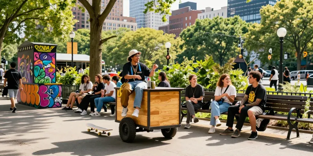 Enjoying a packwood cart in a lively urban park scene with friends.