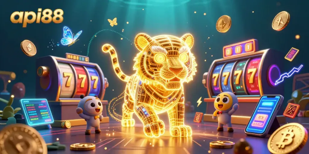 Engage with api88 in a vibrant digital casino scene filled with neon energy and futuristic gaming elements.