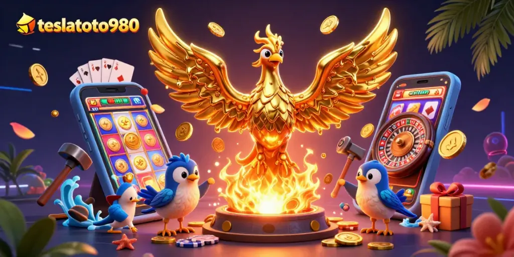 Engage with thrilling slot games at teslatoto980 featuring a molten gold phoenix and vibrant gaming elements.