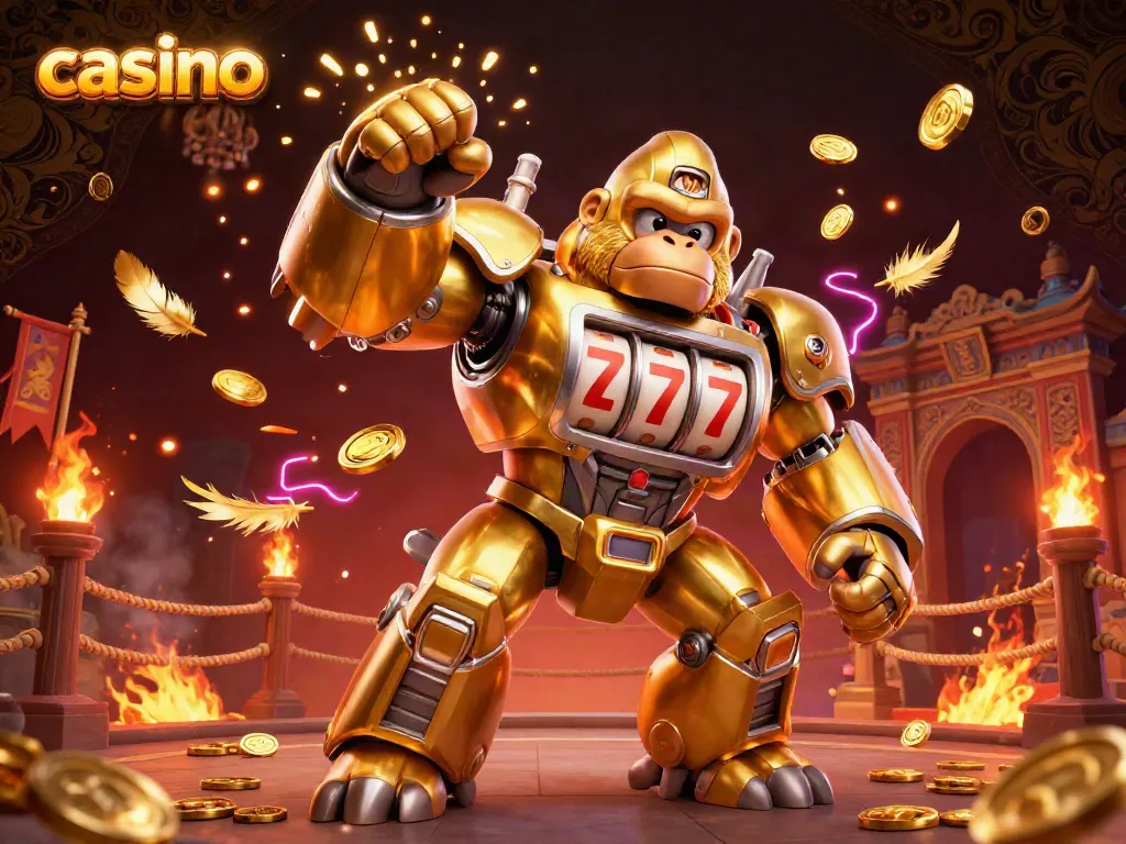 Experience excitement at the casino with a golden gorilla mech and slot machine elements.