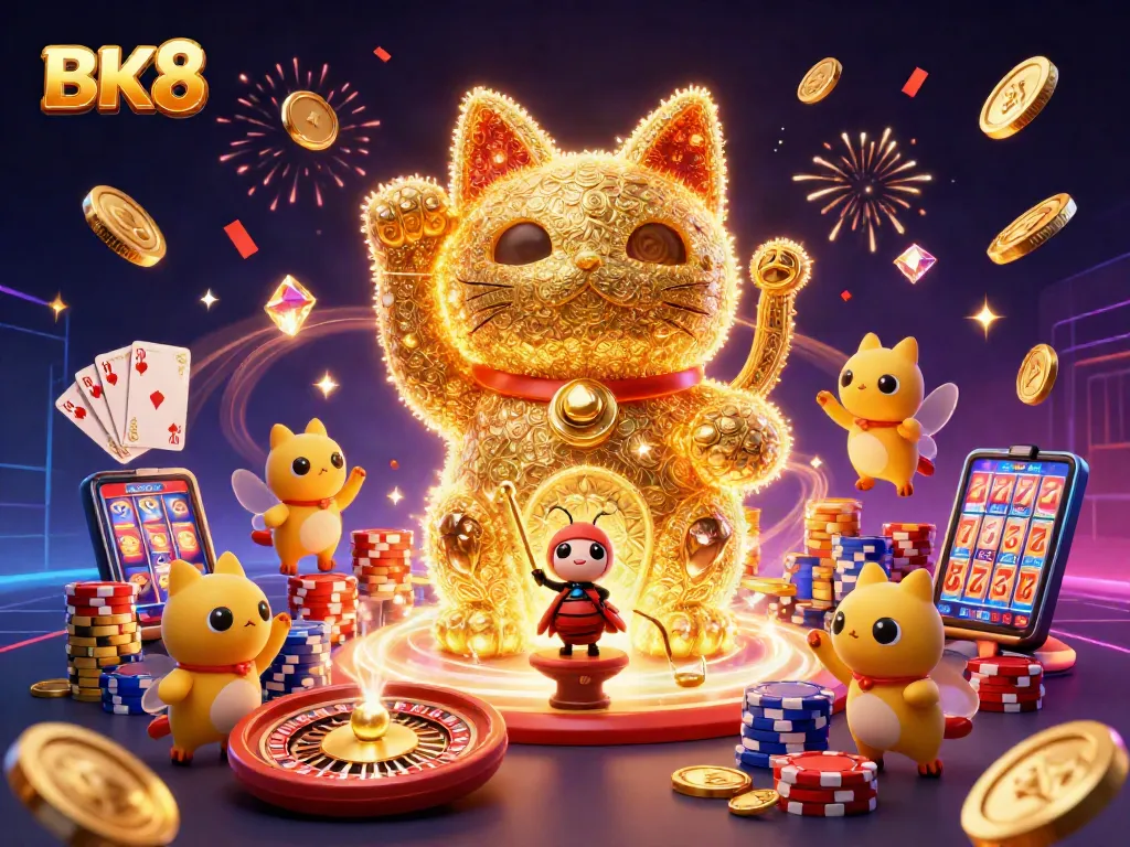 Experience the excitement of BK8 as golden fireflies form a lucky cat amid casino elements.
