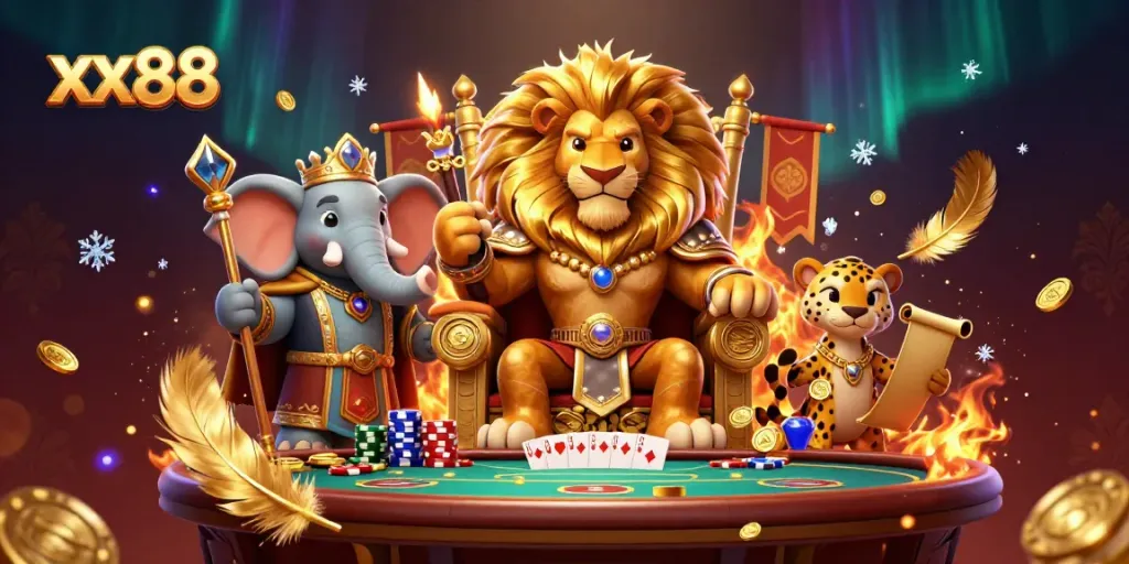 Experience thrilling gameplay in an enticing xx88 casino scene with royal characters, coins, and poker elements.