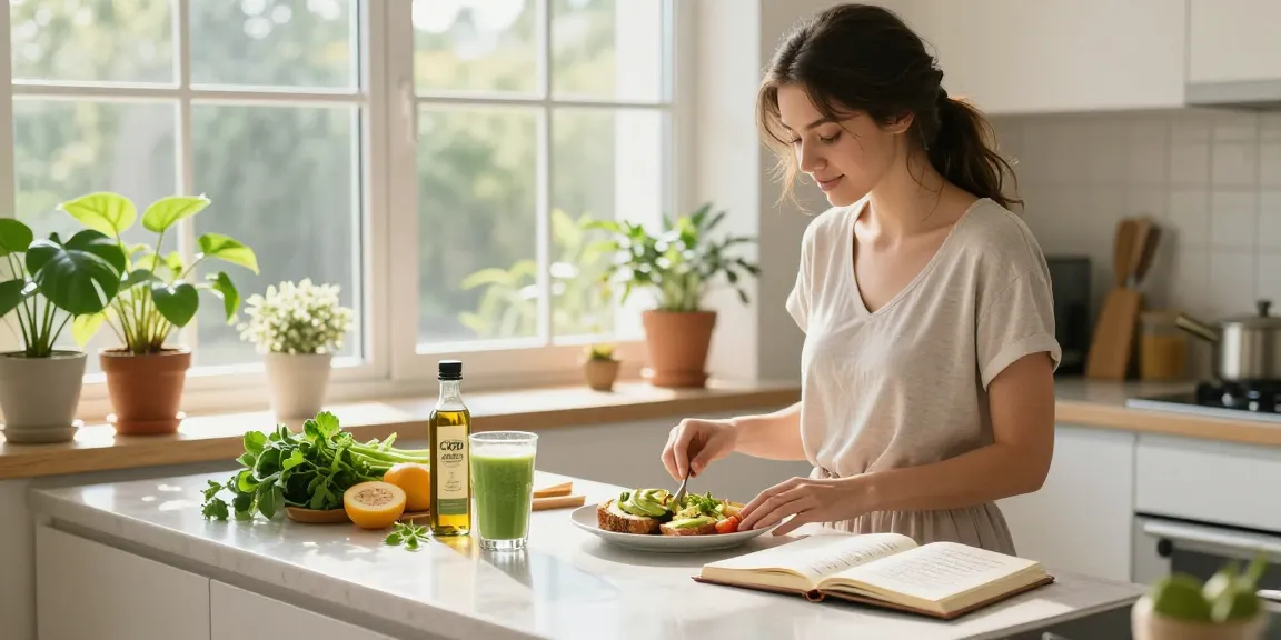 Properloud organic CBD oil bottle in a bright kitchen during morning wellness routine with fresh ingredients.