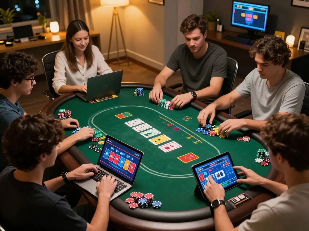 Players engaging in a thrilling online poker game with fly88 in a cozy home setting.