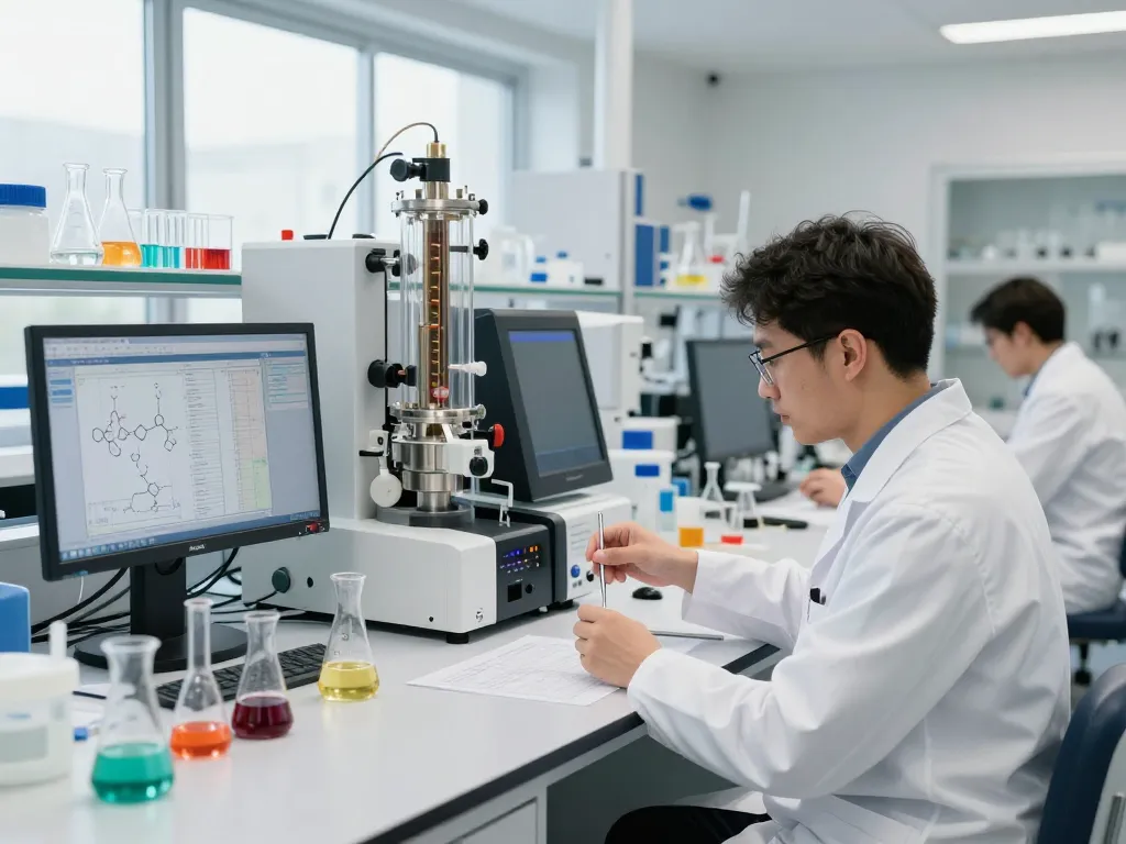EU cannabinoid manufacturer conducting quality tests in a modern laboratory with high-tech equipment.