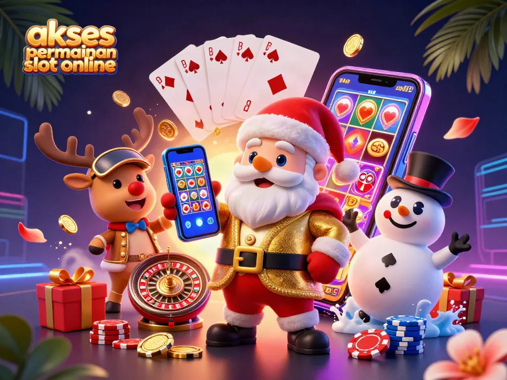 Akses permainan slot online yang menyenangkan dengan ilustrasi kasino kartun 3D yang penuh warna.