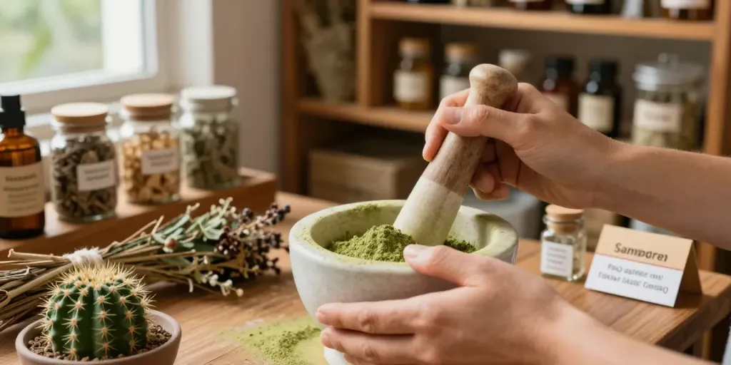 San Pedro Powder being prepared in a natural herbal apothecary setting, showcasing its vibrant green color and artisanal grinding process.