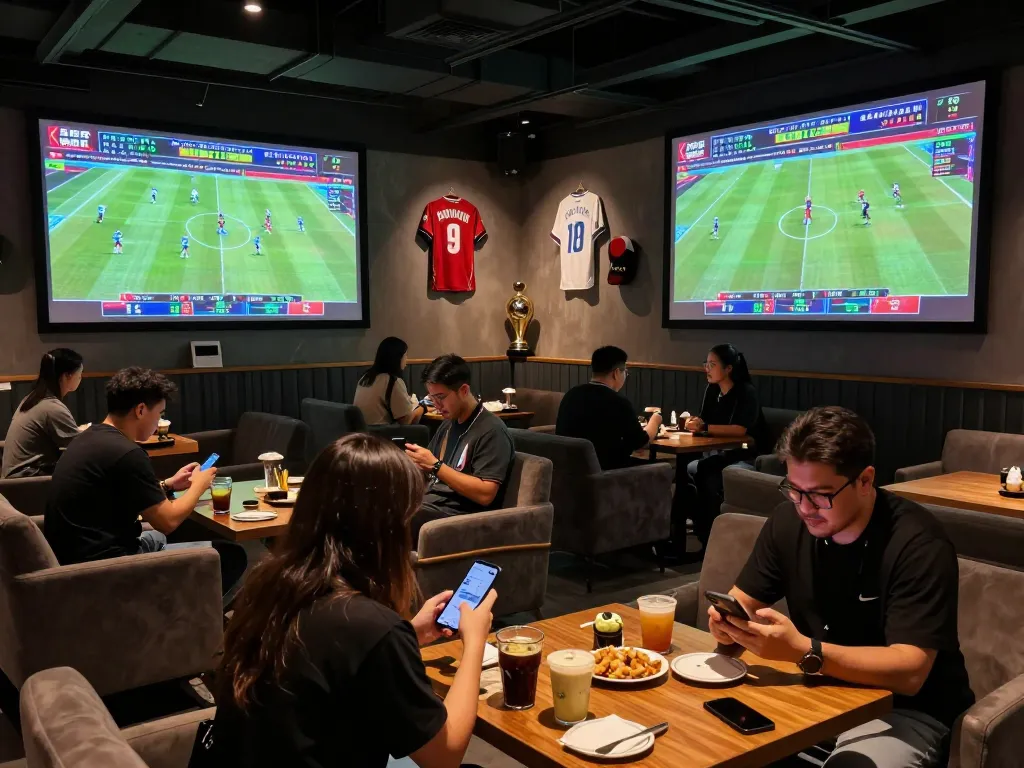 HB88 bettors enjoying a live sports event at a modern lounge, surrounded by screens of ongoing matches and lighthearted social atmosphere.