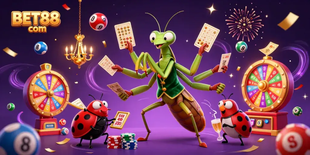 Experience gaming excitement with BET88 com's vibrant 3D casino celebration featuring card games and colorful lottery.