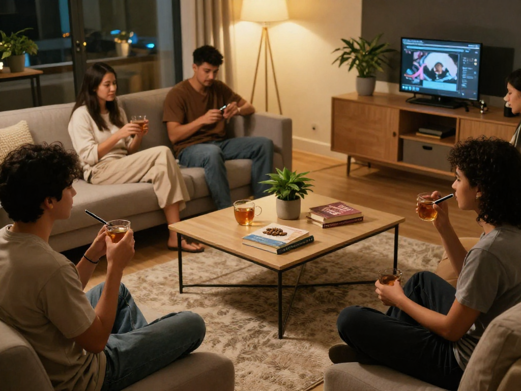 Cookies THC vape pen used in a cozy social setting, featuring wellness elements and natural products.
