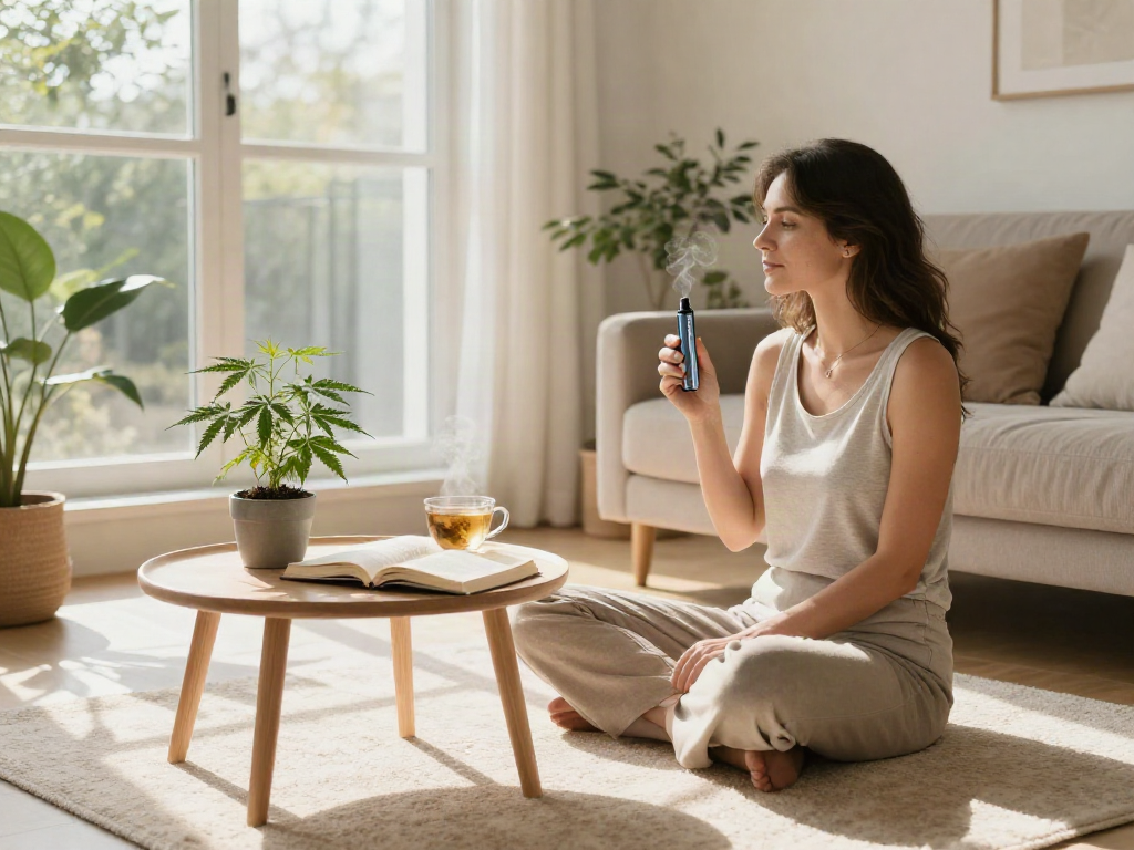 Muha meds disposable vape pen alongside herbal tea and wellness book in a serene living room.