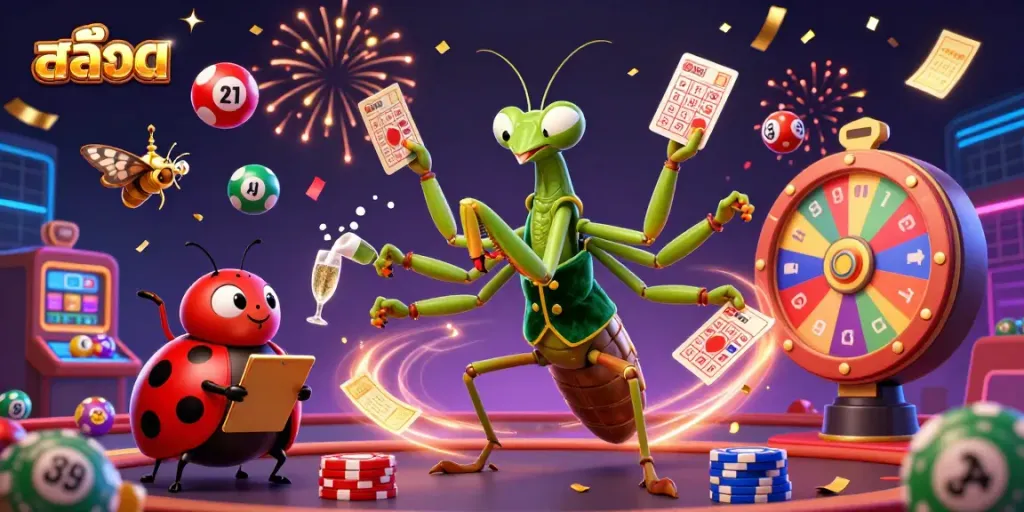 Engage with the vibrant world of สล็อต as the cartoon mantis card sharp delights in handling cards and chips, highlighted by exciting game elements.
