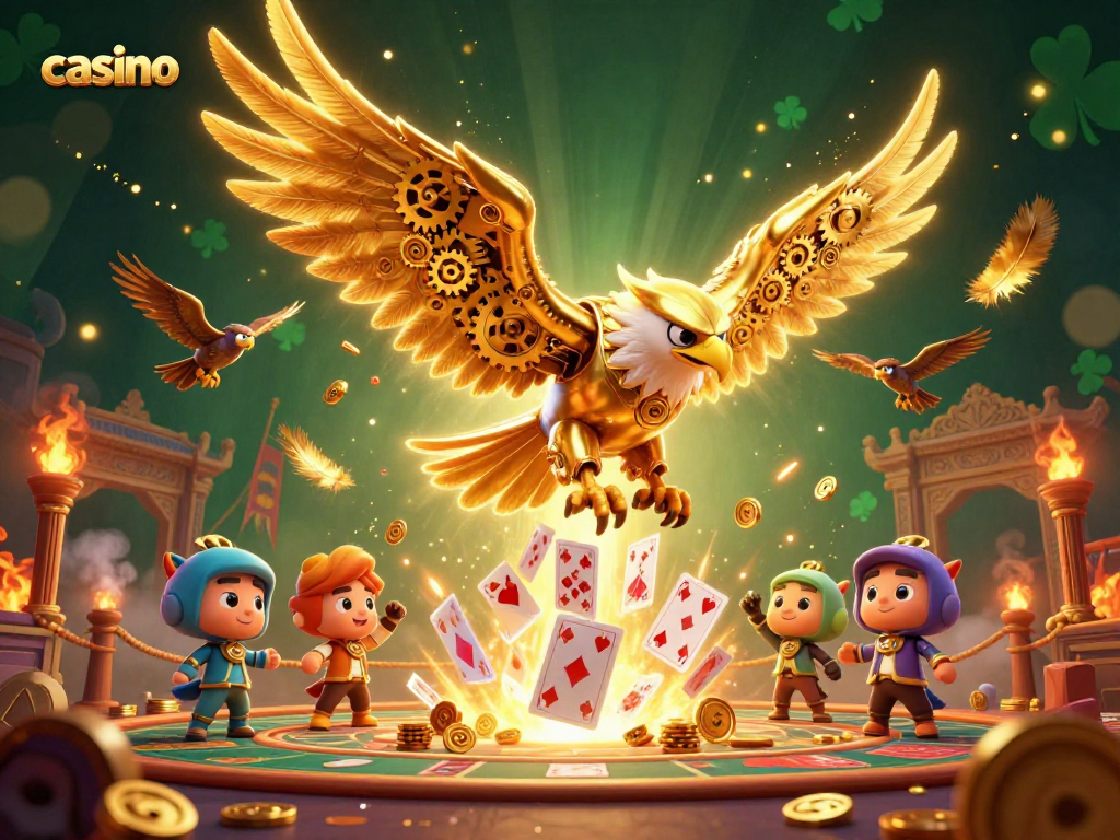 Catch thrilling casino action with a cybernetic golden eagle amidst holographic playing cards.