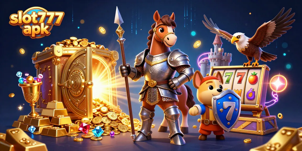 Experience thrilling spins with slot777 apk surrounded by treasures and animated characters in a vibrant casino scene.