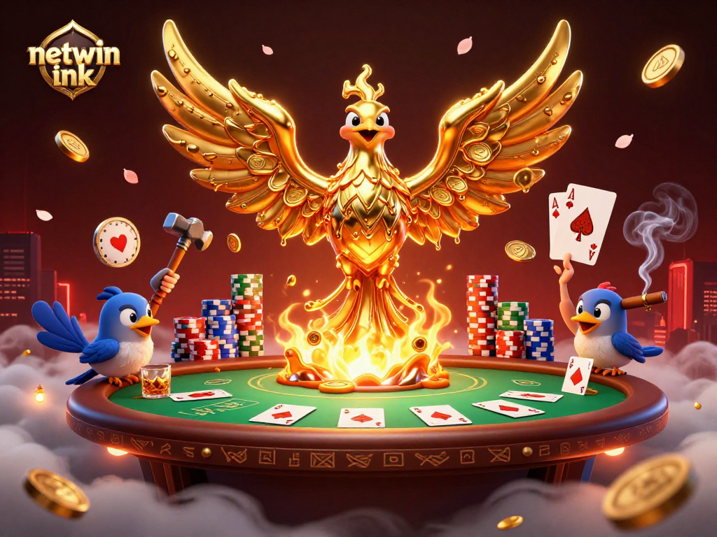 Engage in the thrill of netwin ink with molten gold phoenix at a vibrant poker table.