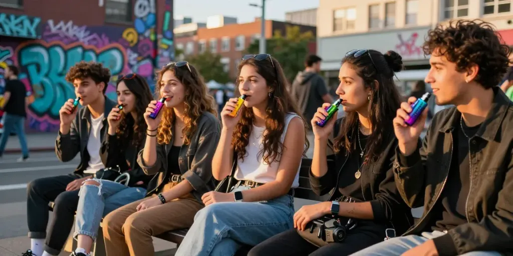 Young adults enjoying Hitz infinity Gen 7 disposable vapes in an urban setting.